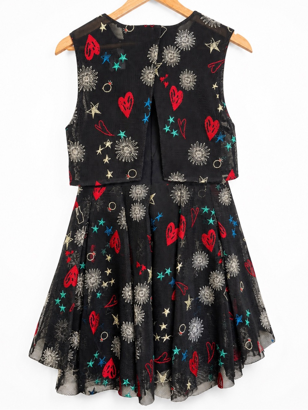 Maje Rachel Heart Floral Embroidered Mesh Mini Dress Black Sleeveless ALine 
Sz2 - Picture 3 of 11